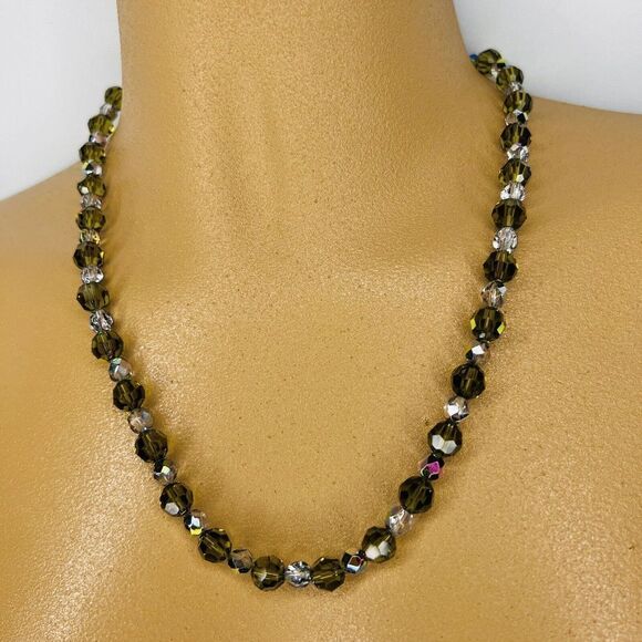 Vintage Art Glass Necklace Crystal Olive Green Clear AB Sterling Silver 4722 - Picture 2 of 13